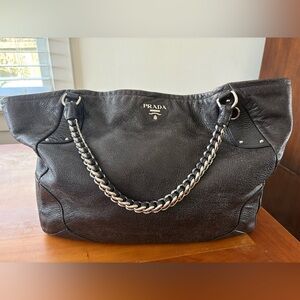 Vintage Prada Black Leather Chain Tote Bag Y2K. Certified authentic.